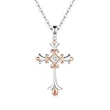 FANCIME Two-Tone 14K White Rose Gold Plated Sterling Silver Embossed Infinity Cross Crucifix Pendant Necklace with Round CZ for Women,16+2'