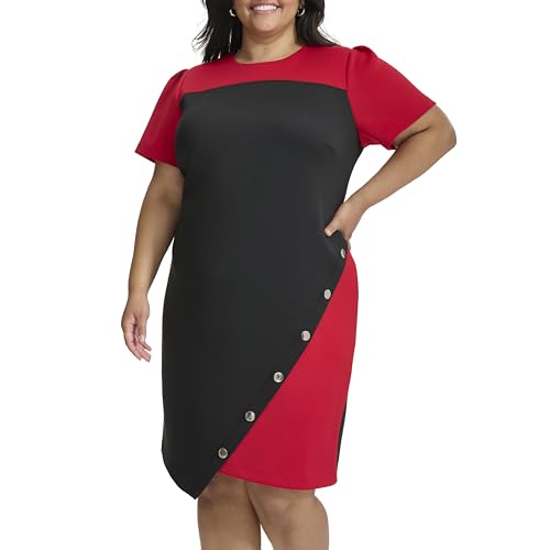 Image of Tommy Hilfiger Women's Short Sleeve Jewel Neck Colorblock Studded Asymmetrical Hem Crepe Mini Dress