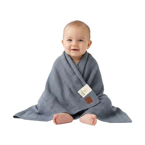 Image of Pointelle Double Layer 100% Tencel Baby Blanket - Breathable Temperature Regulating - Oeko-TEX Certified - 30x40 inch - Gift Box with Ribbon (Grey Blue)
