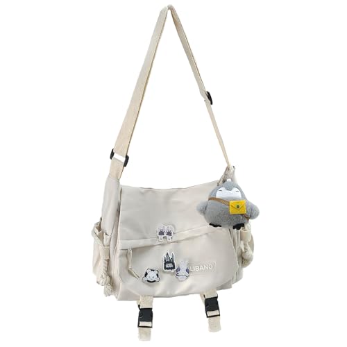 Nylon Messenger Bag Kawaii Crossbody Bag with Cute Pins Aesthetic Shoulder Bag for Women and Men