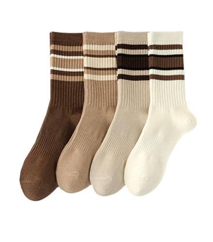 Image of Deeorla Womens Striped Crew Socks Brown Vintage Retro Athletic Socks 5 Pairs