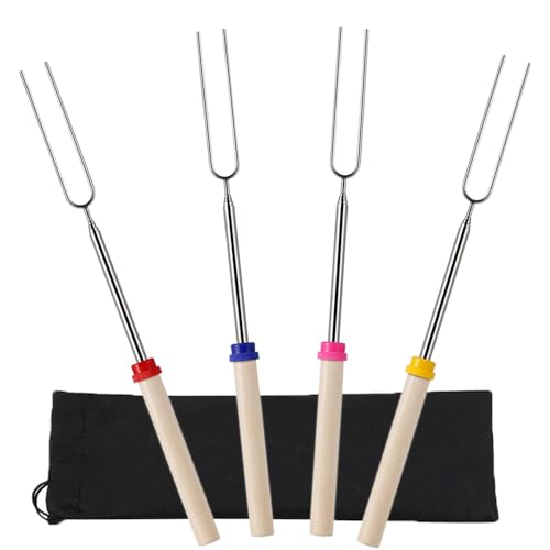 4 Pack Marshmallow Toasting Forks Kit Telescoping Smores Sticks for Fire Pit Extendable Stainless Steel Smores Sticks for BBQ and Campfire Barbecue Forks for Hotdog Hot Dog Bonfire Outdoor