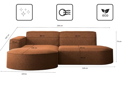 Kaiser Möbel - Ecksofa mit Wohnlandschaft, Eckcouch L-Form, Sofa 3-sitzer, Polstersofa, Bequemes Couch mit Ottomane für Wohnzimmer, Relaxsofa, Lounge-Set, Verita Stoff, Modena Studio, Kupfer, Links – Bild 3