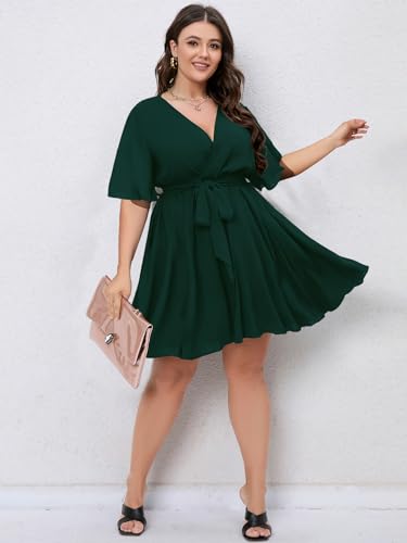 Image of SCOMCHIC Women's Plus Size Summer Dresses Short Sleeve Wrap V Neck A Line Skater Mini Short Dress XL-4XL