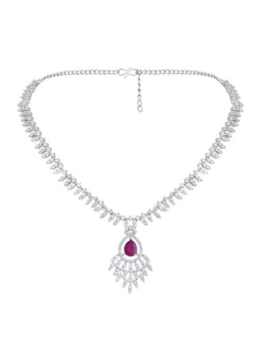Image of ASMITTA Jewellery Rhodium Plated Silver American Diamond Studded Necklace with Purple Earrings Jewellery Set for Women & Girls