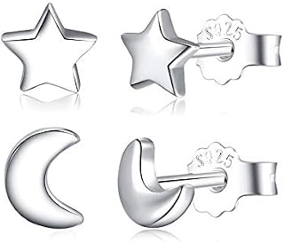 2 Pairs Moon Star Earrings 925 Sterling Silver Crescent Moon Earrings High Polish Tiny Cartilage Studs Set for Women