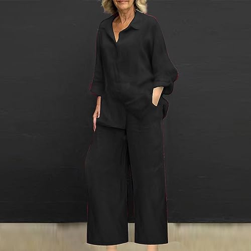 Linen Sets for Women 2 Piece Summer Casual Matching Set Long Sleeve Shirts Wide Leg Pants with Pockets2