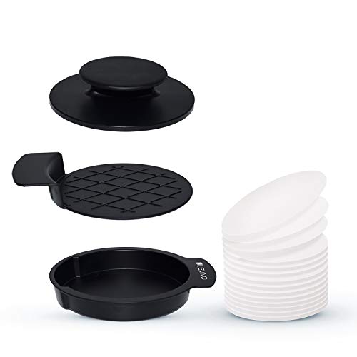La piastra di pressatura, estrazione e il contenitore principale sono in di Plastica, i 50 fogli antiaderenti hanno un diametro di 11,3 cm e sono realizzati in carta cerata