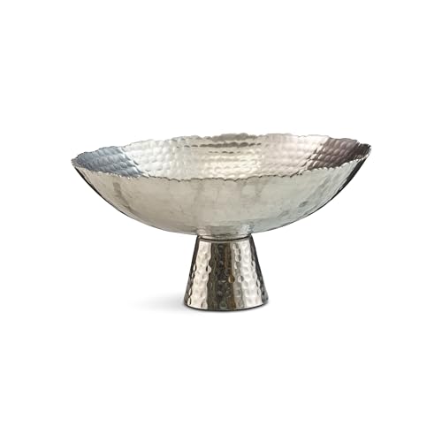 IHI EST. 1986 Hammered Surface - Rippled Edge - 12.5 Inch Silver Tone Polished Aluminum Multipurpose Serving Bowl with Pedestal Base Stand