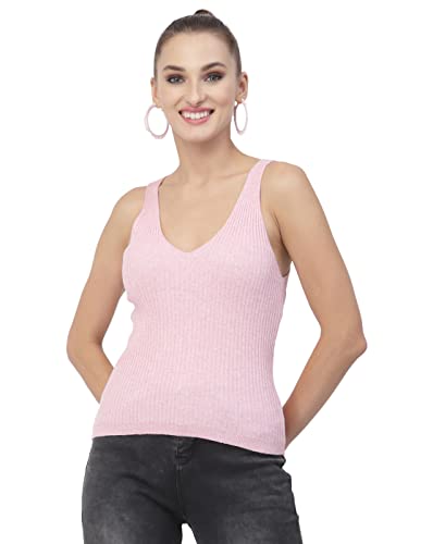 Image of Kalt Women Knitted, Ribbed Cotton Fitted Sleeveless V-Neck Cami Tank Top for Women Stylish