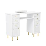 OmySalon White & Gold Accent Nail Desk for Nail Tech, Manicure Table with Electric Dust Collector, Storage Drawers & Wrist Cushion, Acetone Resistant for Salon and Home Nail Station