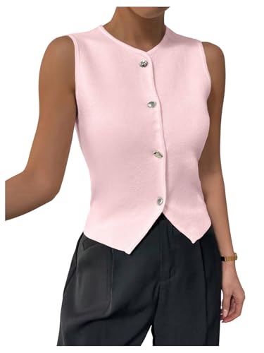 SHENHE Women's Sleeveless Sweater Vest Knit Crew Neck Button Casual Spring Summer Waistcoat Cardigan