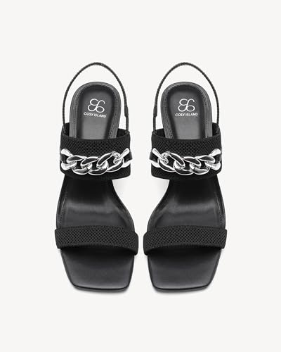 COSY Women's Knit Square Toe Sandals - Chunky Block Heel Slip-Ons with Metal Chain Strap, Non-Slip Comfort Slides for Walking, Shopping, Parties2