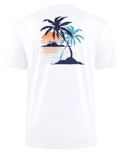 Pudolla Mens Fishing Swim Shirts Short Sleeve Sun Protection UV UPF 50+ SPF T-Shirt(White_Coconut_Tree XL)