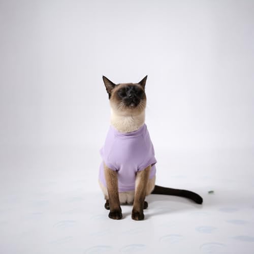 Image of Thunder Tails Printed Cat T-Shirt for Small to Large Cats & Kittens | Lightweight Breathable Cotton Pet Apparel | Cute & Stylish, Comfortable Round Neck Cat Clothes (L, Lilac)