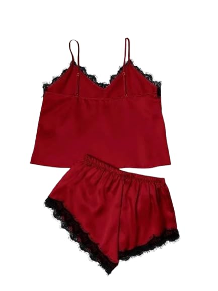 Image of Women's Satin Pajama Set with Lace Trim Camisole Top and Shorts Sleepwear Set Pack of2-1top 1nikkar