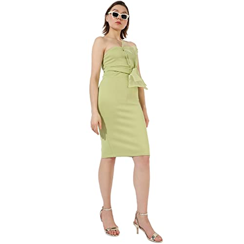Image of Campus Sutra Women's Solid Green Sleeveless Knee Length Regular Fit Dress for Casual Wear | Tube Neck Dress Crafted with Comfort Fit and High Performance for Everyday Wear