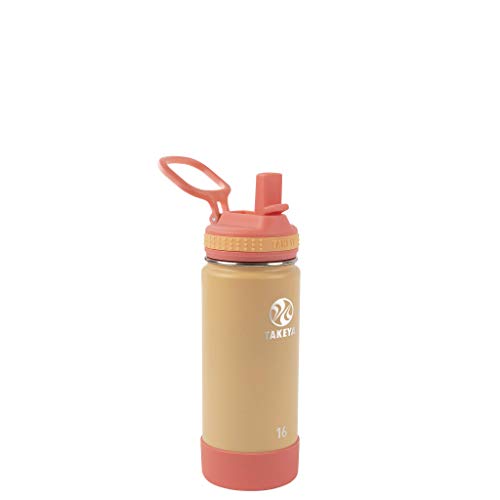 Image of Takeya Actives Kids Water Bottle 16 oz Stainless Steel Double Wall Insulation BPA-Free Leakproof Straw Lid Easy Carry Handle Reusable Ideal for Boys and Girls, School, Sports - Cantaloupe / Coral