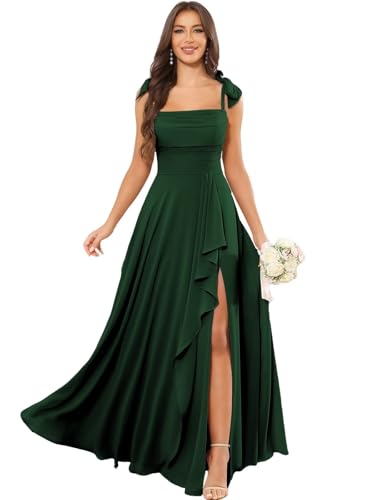 Chiffon Slit Bridesmaid Dresses Ruched Ruffle Square Neck Formal Dress with Pocket