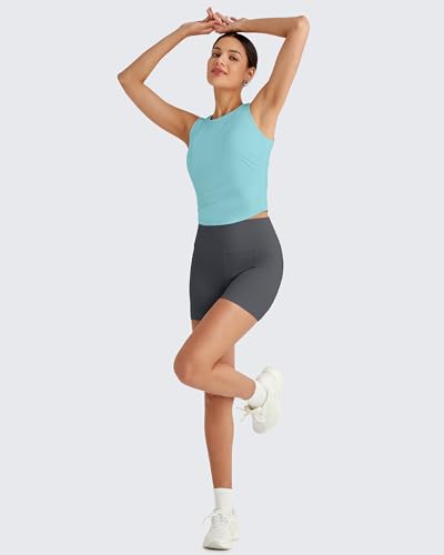 Image of G4Free Skimetic Workout Tank Tops for Women Side Ruched Sleeveless High Neck Crop Top Summer Athletic Gym Shirts