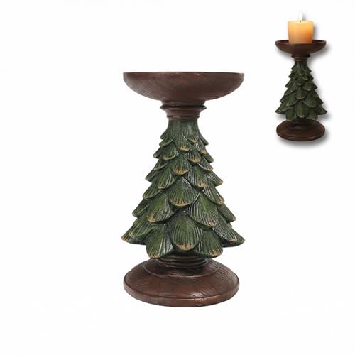Pine Tree Candle Holder - Rustic Christmas Decor for Holiday Table Centerpiece, Resin Pine Cone Design - Green & Brown