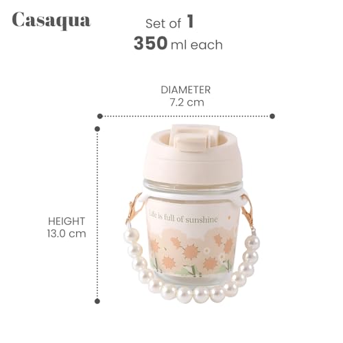 Image of Glass Coffee Tumbler with Lid and Straw - Pack of 1, 350ML, Milk Mug with Pearl Chain Belt & Leather Grip Reusable Travel Sipper Cute Mugs for Girls for Juice Smoothies iced Tea Cups