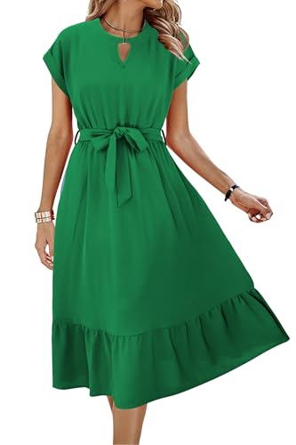 Image of ECOWISH Womens Casual Midi Dresses Solid V Neck Short Sleeve Button Shirt Belted Dress with Pockets for Spring Summer 2026