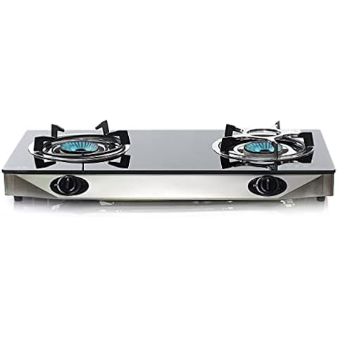 NJ NGB-S2 Indoor Gas Stove - 2 Burner Portable Gas Hob LPG Cooker Cooktop for Caravan Black Glass Freestanding Table Top for Home Kitchen Camping Garden Catering 6.8kW Cover
