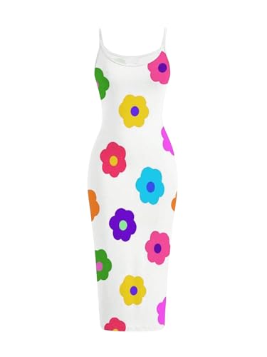 Image of Floerns Women's Flower Print Spaghetti Strap Cami Midi Dress Boho Pencil Dress White X-Small