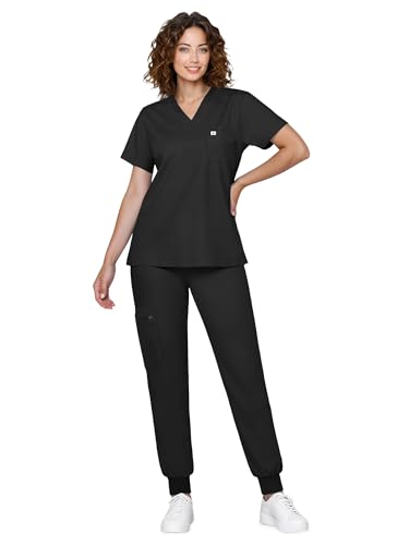 Eadflie Scrubs for Women Medical Scrubs Set - V-Neck Top & Jogger Pants with 5 Pockets, Soft Stretch Woven fabric,Side splits - (Black/XL)