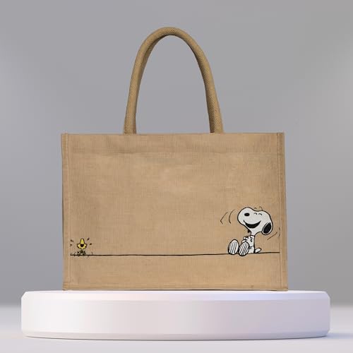 Kanguru Handtasche Damen Snoopy Design, Grosse Einkaufstasche aus Baumwoll-Jute mix mit schwarzer Fütterung, Chic, Elegant, Robust, Ideal als Einkaufskorb und Geschenkidee, bedruckt Peanuts shopper