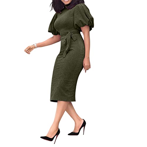 VERWIN Stand Collar Short Sleeve Mid-Calf Lantern Sleeve Office Lady Bodycon Dress