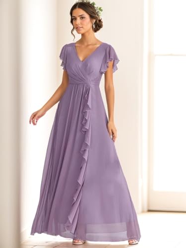 Women's Ruffle Sleeve Bridesmaid Dresses for Wedding A Line Chiffon Pleated Formal Dress3