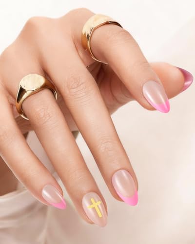 Buleens Easter French Tip Short Almond Press on Nails-Pink Cross ...