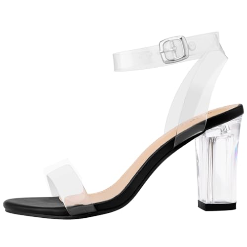 Image of ZriEy Clear Block Sandals Chunky Heels for Women 3.35 Inch Open Toe Adjustable Ankle Strap Pump Sandals for Weddings Parties Daily Wear