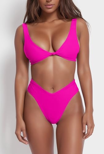 Image of geluboao Bikini Set for Women Solid V Neck Knot Front Push Up High Leg Thong Two Piece Swimsuit