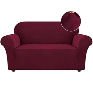 Turquoize Stretch Sofa Slipcover Loveseat Cover Couch Covers for 2 Cushion Couch 1 Piece Sofa Slipcover for Living Room with Jacquard Fabric and Elastic Bottom Furniture ProtectorLoveseat Burgundy