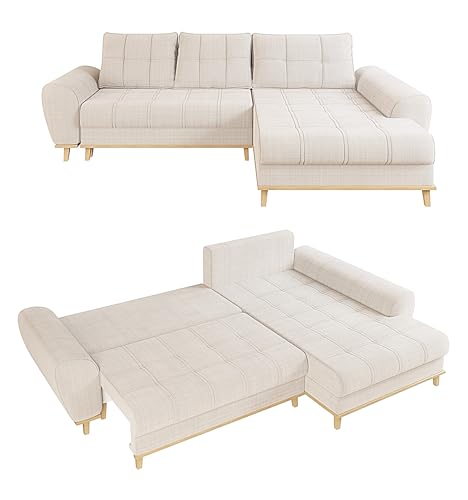 Modernes Ecksofa im Scandi-Stil B268/T175/H86 cm mit Schlaffunktion, Bettkasten, Ottomane rechts, Füße und umlaufender Blende aus Massivholz, mit weichem Bouclé Chenille Stoff in Beige / 21013