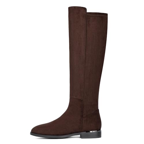 Image of Modatope Rounded Toe Flat Stretchy Dress Knee High Boots Side Zipper | Suede Elastic Fall Winter Boots, Low Chunky Block Heel Riding Boots,2026 Fashion Womens Tall Long Boots
