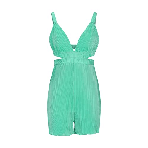 Oplxuo Women's Summer Shorts Rompers Shirred Sexy Deep V Neck Backless Elastic Straps Casual Sleeveless One Piece Jumpsuits Green #TOP4
