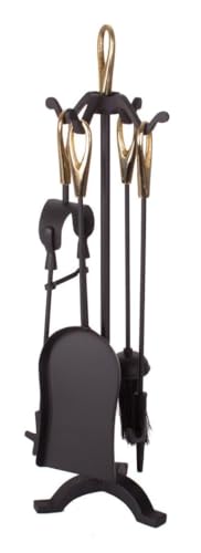 Unibos Premium Quality 5 Pieces Fireplace Tools Sets Black Wrought Iron and Indoor Fireplace Accessories Log Holder Fire Pit Stand Fire Tongs Shovel Antique Brush Chimney Poker Wood Stove