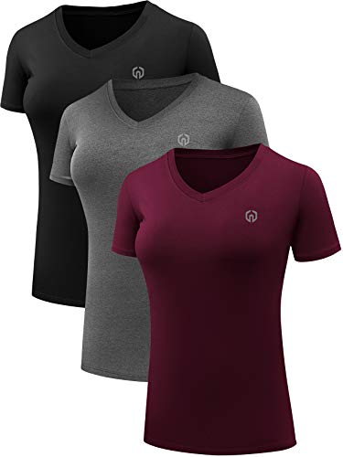 Neleus Women's 3 Pack V Neck Compression Running Shirt Workout Clothes,8016,Black/Grey/Burgundy,Large #TOP14