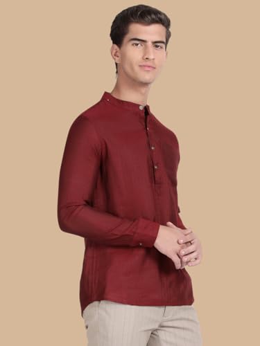 Image of KRYPTIC Men's Full Sleeve Regular Fit Short Kurta in Premium Pure Cotton with Patch Pocket and Mandarin Collar - Perfect Blend of Style and Comfort