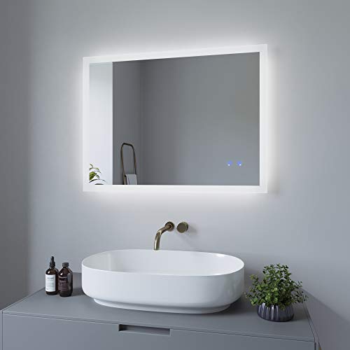 AQUALAVOS Spiegel Groß Bad Gäste WC Flur mit Licht Wandspiegel Silber mit Aluminiumrahmen Badspiegel mit Beleuchtung 80x60 cm Led Badezimmerspiegel 3 Lichtfarben Dimmbar Beschlagfrei Touch Schalter