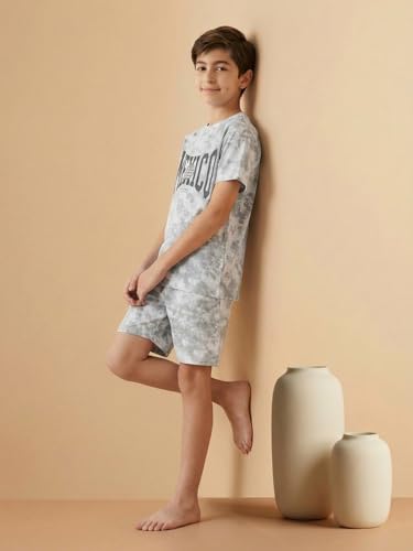 Image of Li'l Tomatoes Boys 100% Cotton Night Suit Set | Half Sleeve T-Shirt & Shorts | Color Block & Typography Print | Soft & Breathable Sleepwear | Casual Summer Wear | 9-16 Years