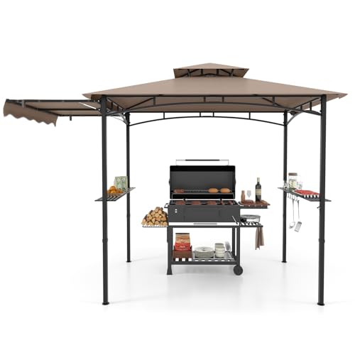 COSTWAY Grillpavillon mit Seitenmarkise, Doppeldach, 2 Seitenregalen & Haken, Gartenpavillon BBQ Pavillon, Grillüberdachungen wetterfest, Grillunterstand Garten Partys, 318x153x250 cm (Braun) COSTWAY Grillpavillon mit Seitenmarkise, Doppeldach, 2 Seitenregalen & Haken, Gartenpavillon BBQ Pavillon, Grillüberdachungen wetterfest, Grillunterstand Garten Partys, 318x153x250 cm (Braun)