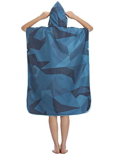 FLYILY Changing Towel Poncho Hooded light weight Microfiber surf wetsuit changing with pocket, Adults/Kids beach swimming changing towel (NavyGeometry, Large(Fit for Adult))
