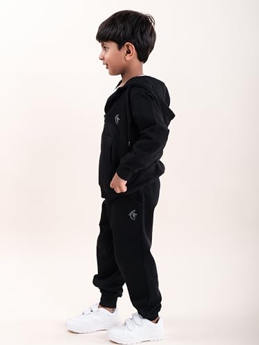 Image of Boys Solid Fleece Full Sleeve Zip Front Open Hooded Sweatshirt With Track Pant Set