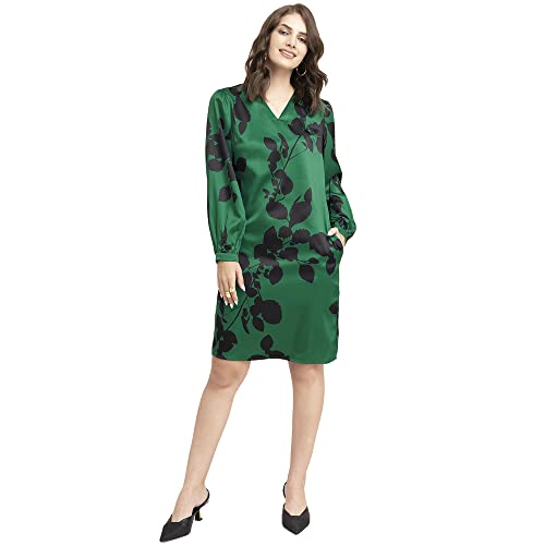 Image of FableStreet Women's V-Neck Green Satin Floral Dress