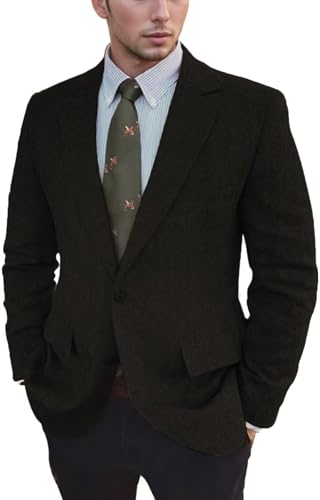 Mens Tweed Blazer Retro Wool Blend Suit Jackets Herringbone Two Button Sport Coat Prom Business Casual Wedding
